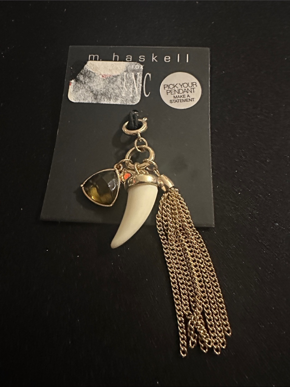 m. haskell Gold Tassel Pendant with Ivory Horn & Olive Stone
#161
